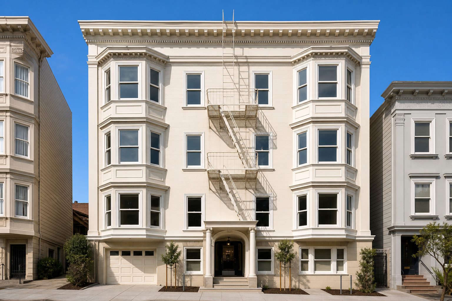 Classic San Francisco four-story apartment building with bay windows under a blue sky