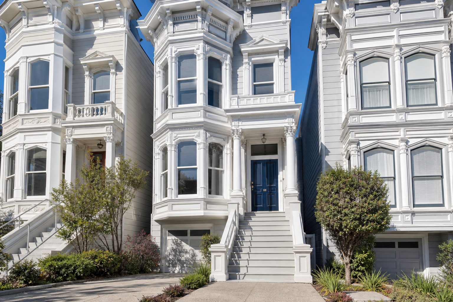 Restored white San Francisco Victorian homes with bay windows on a bright morning